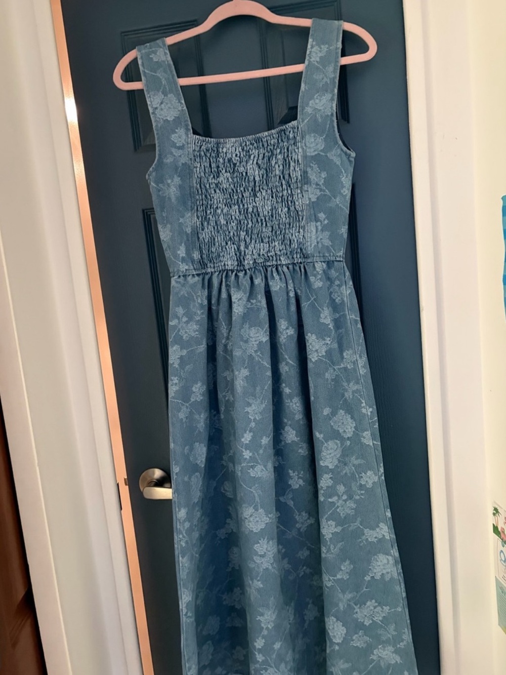 Denim Floral Jacquard Corset Midi Dress Cottagecore Blue Small - Picture 6 of 6
